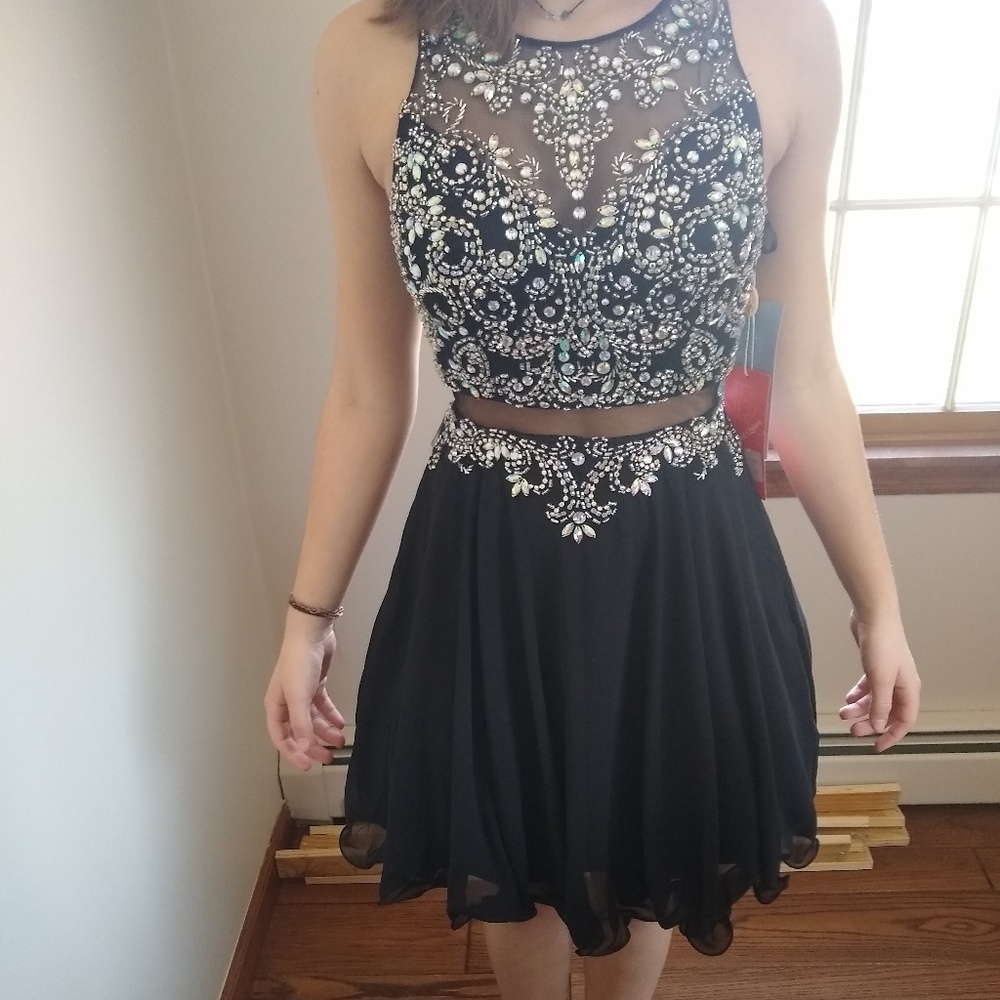 Black junior prom dress with mesh and rhinestones